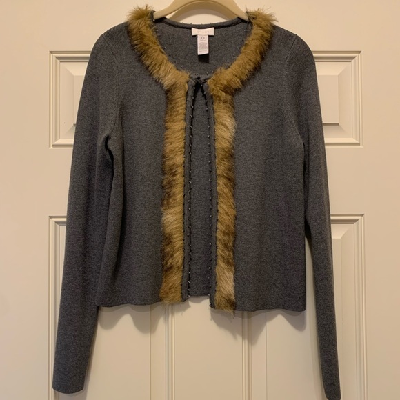 Chico’s Faux Fur Trimmed Grey Cardigan with Small Crystal Beaded Edge - Picture 1 of 6